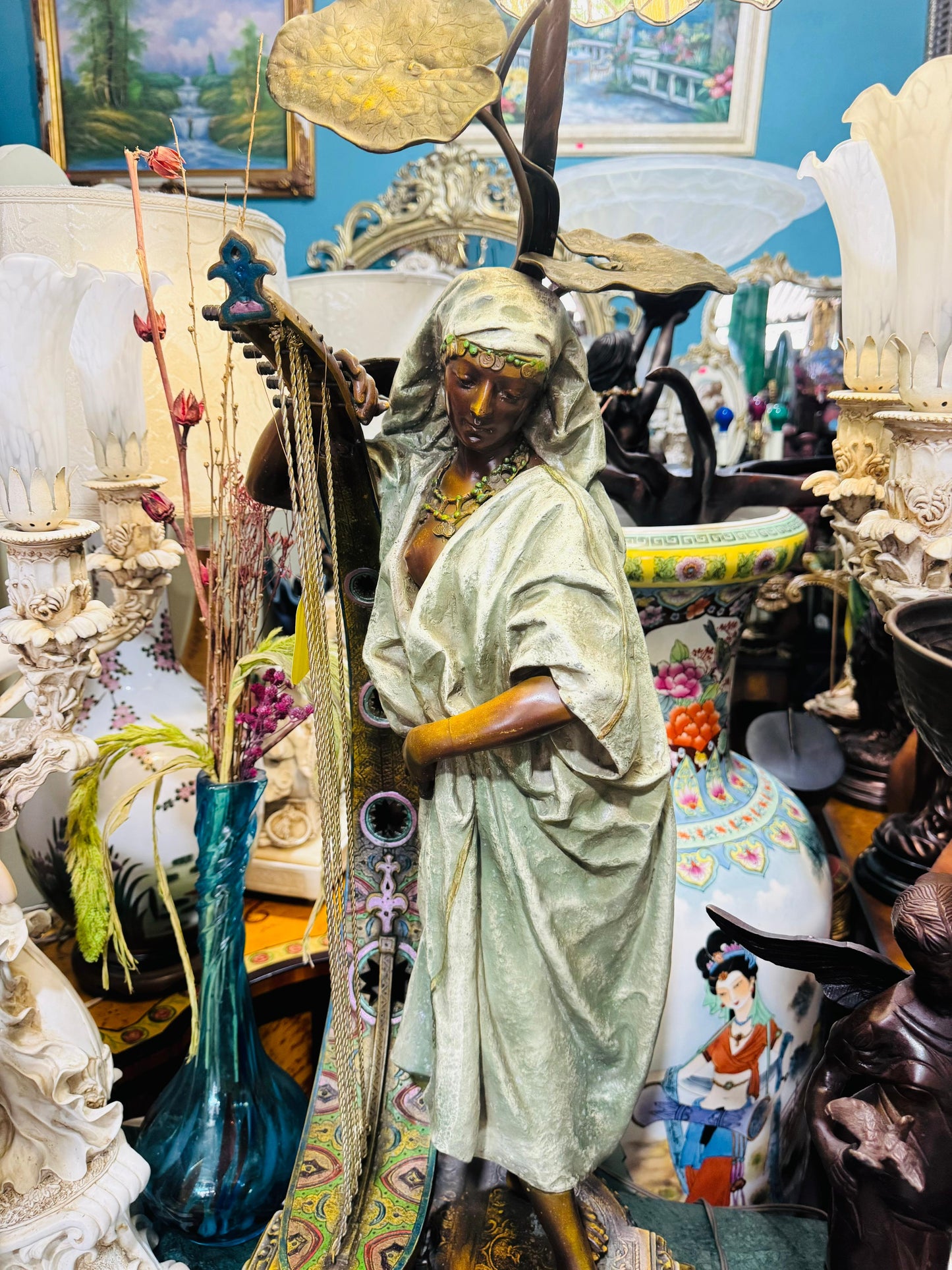🔱Bronze Sculpture "Jeune Harpiste Arabique" by Louis Hottot - A Masterpiece for Sale🔱