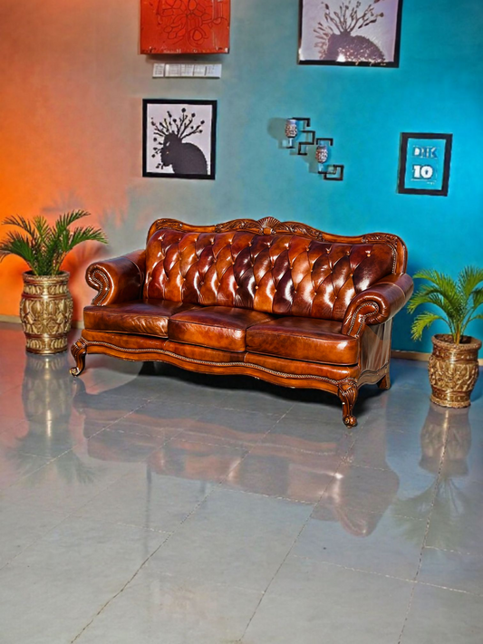 🛋️ Juego de Sala Clasico — Cuero Marron con Tallado Ornamental (2 piezas)