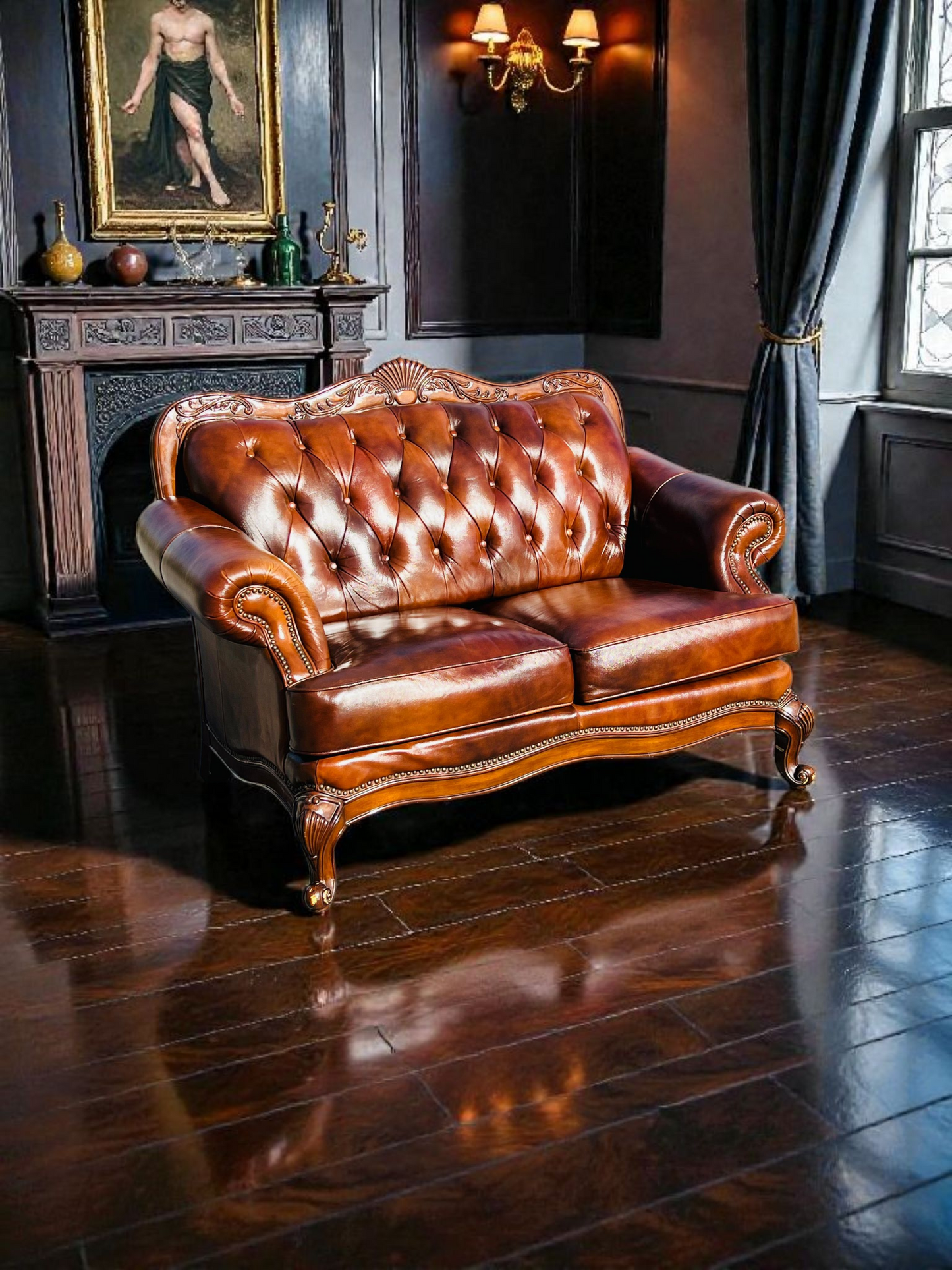 🛋️ Juego de Sala Clasico — Cuero Marron con Tallado Ornamental (2 piezas)