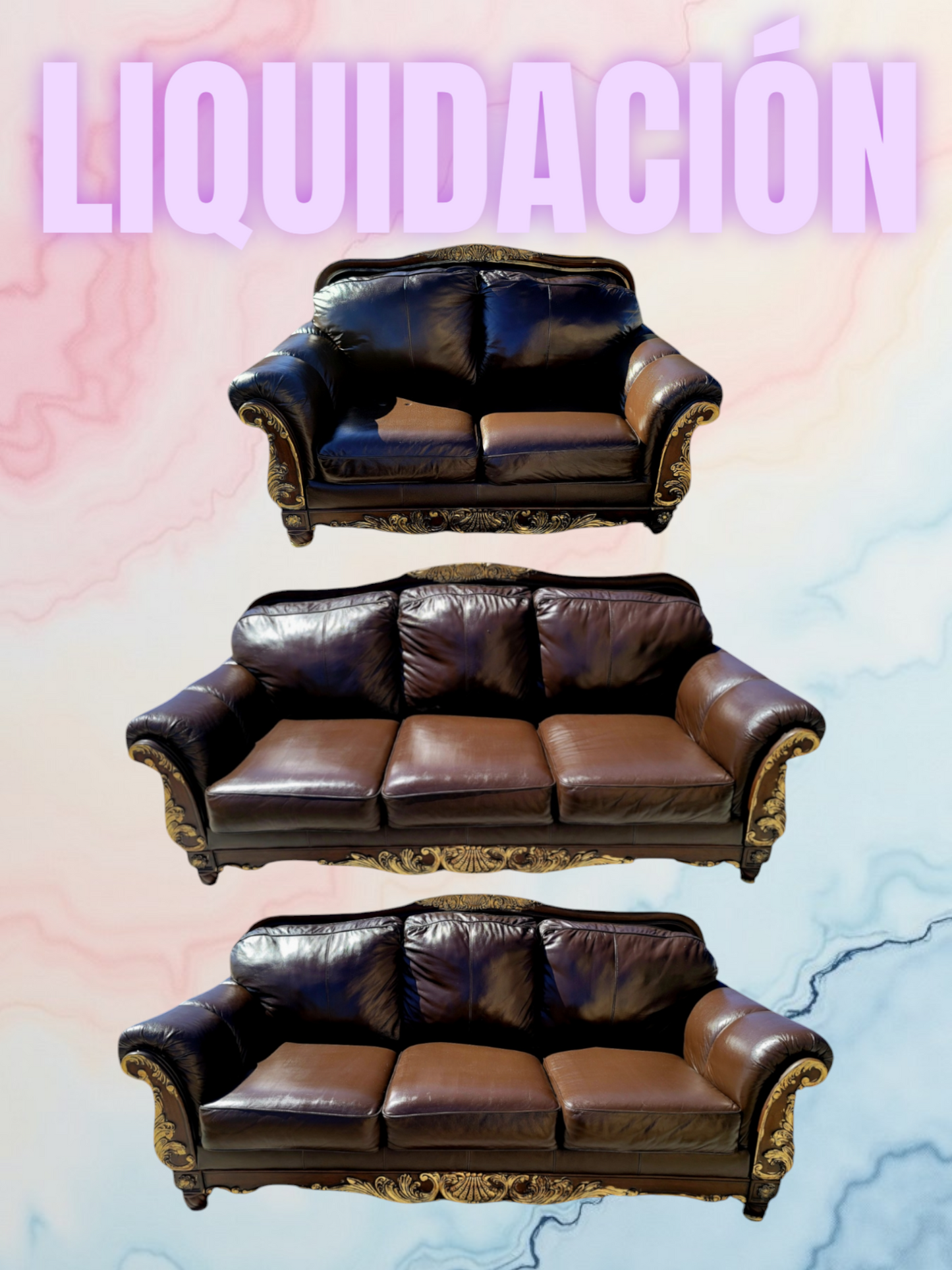 🛋️ 🌟 ¡Liquidacion Sala Tradicional De Piel De 3 Piezas, Con Marco De Madera! 🌟🛋️