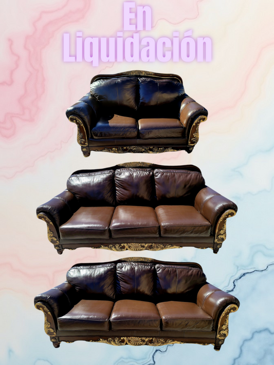 🛋️ 🌟 ¡Liquidacion Sala Tradicional De Piel De 3 Piezas, Con Marco De Madera! 🌟🛋️