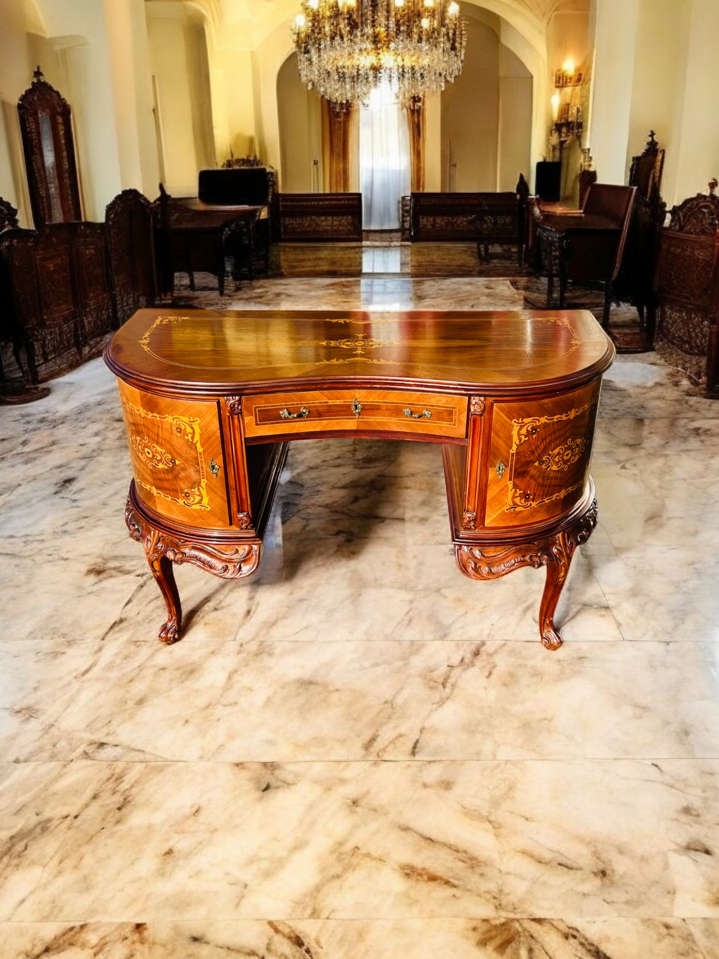 ✨Escritorio Antiguo / Vanity / Tocador Elaborado En Madera De Nogal Con Incrustaciones ✨