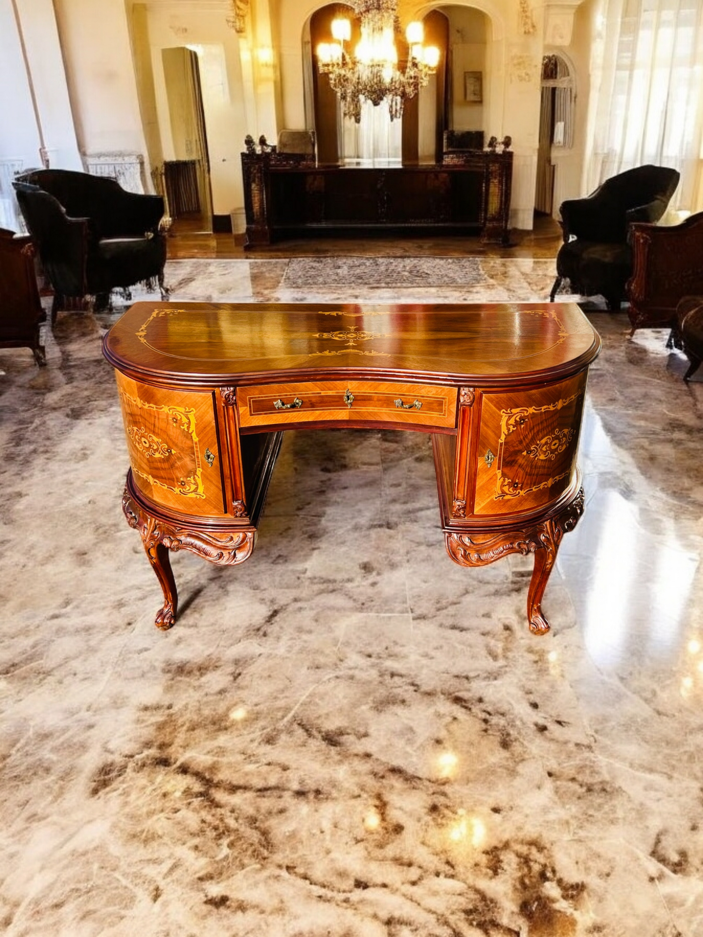 ✨Escritorio Antiguo / Vanity / Tocador Elaborado En Madera De Nogal Con Incrustaciones ✨