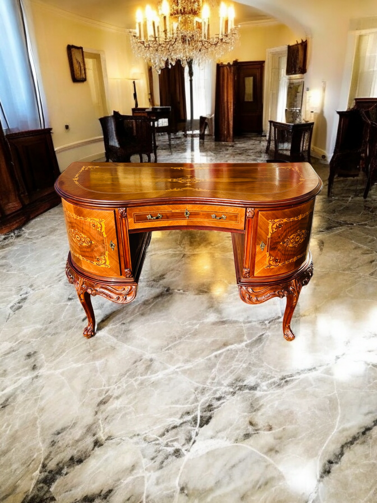 ✨Escritorio Antiguo / Vanity / Tocador Elaborado En Madera De Nogal Con Incrustaciones ✨