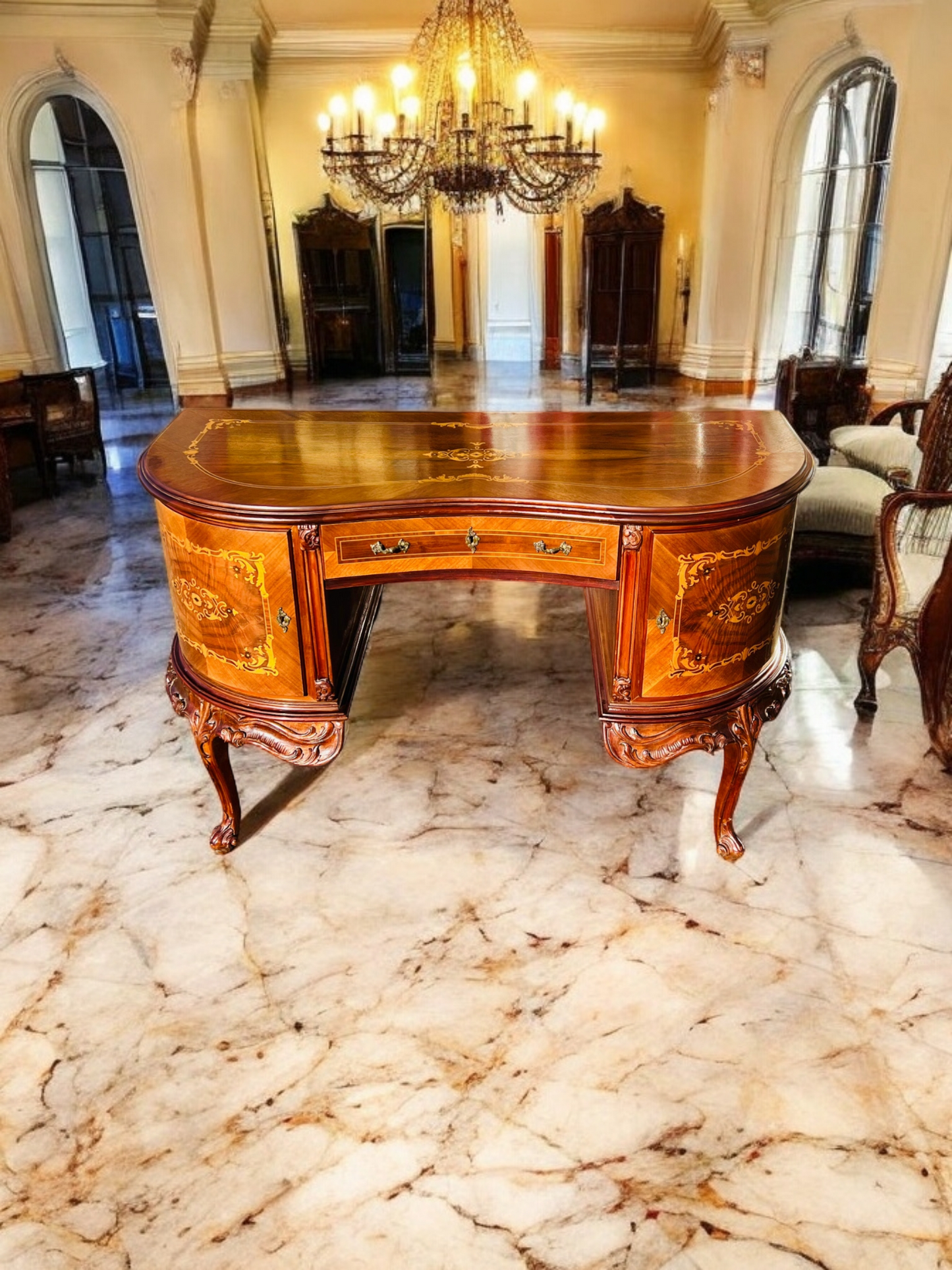 ✨Escritorio Antiguo / Vanity / Tocador Elaborado En Madera De Nogal Con Incrustaciones ✨