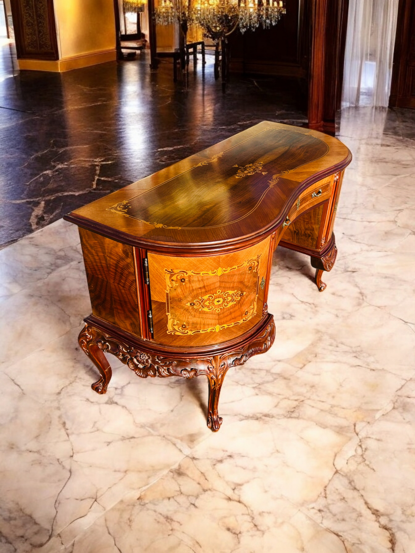 ✨Escritorio Antiguo / Vanity / Tocador Elaborado En Madera De Nogal Con Incrustaciones ✨