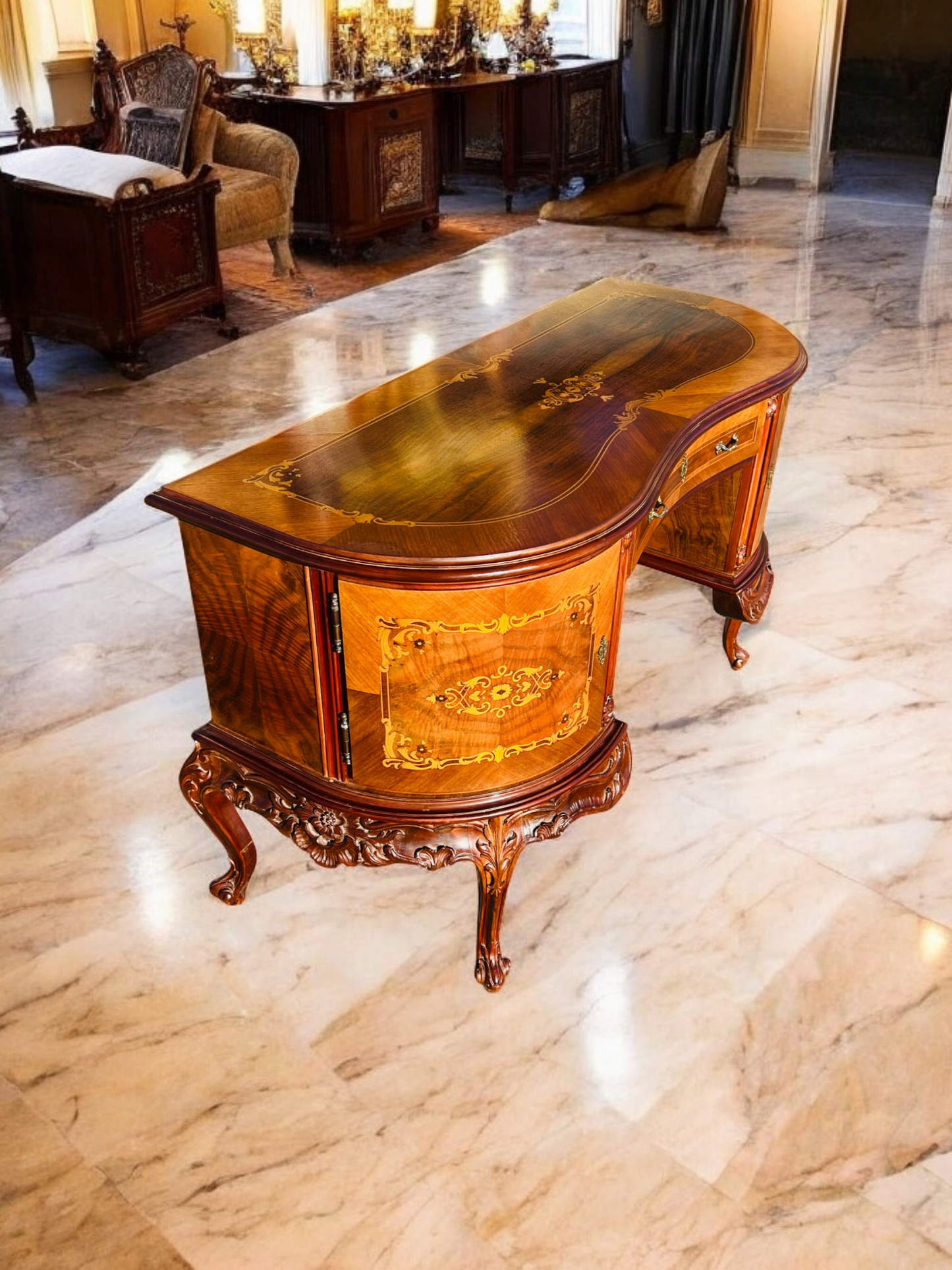 ✨Escritorio Antiguo / Vanity / Tocador Elaborado En Madera De Nogal Con Incrustaciones ✨