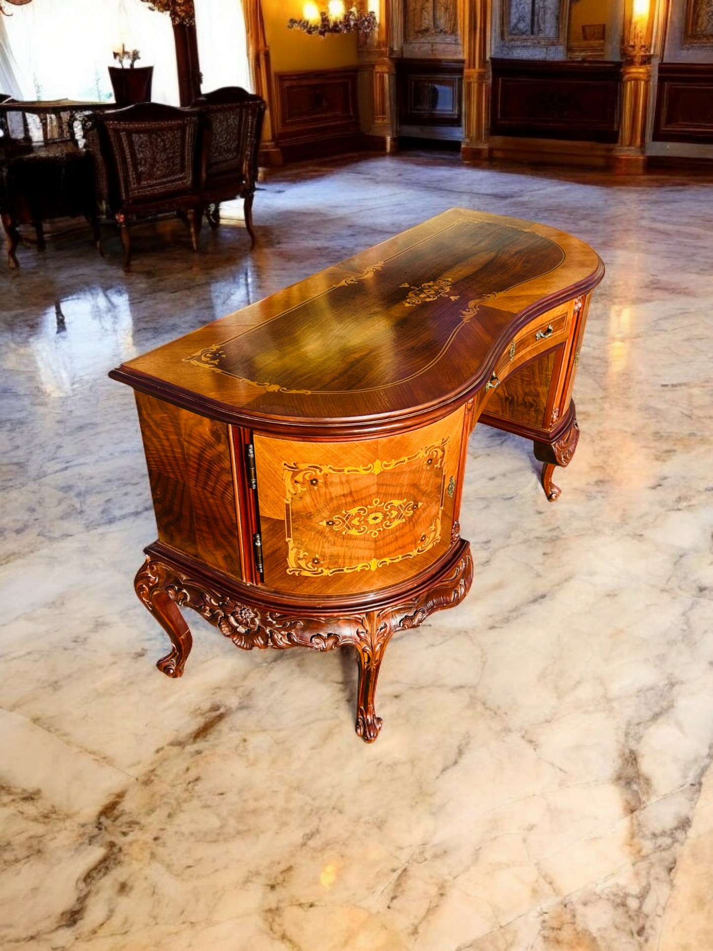 ✨Escritorio Antiguo / Vanity / Tocador Elaborado En Madera De Nogal Con Incrustaciones ✨