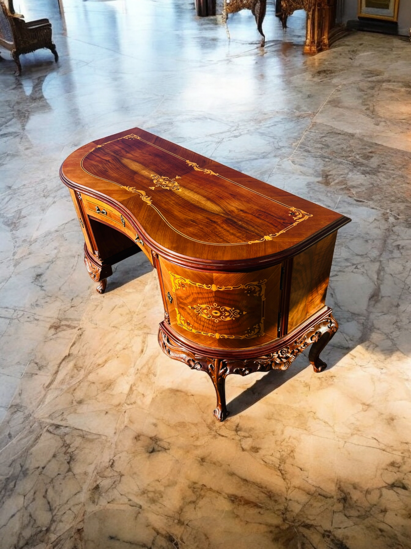 ✨Escritorio Antiguo / Vanity / Tocador Elaborado En Madera De Nogal Con Incrustaciones ✨