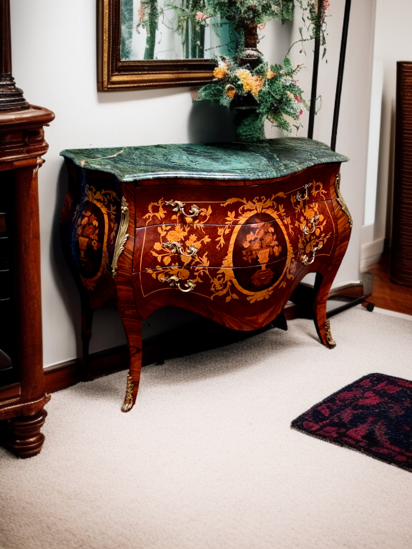 🇫🇷✨Bombe Francés con Marquetería, Bronce Dorado y Mármol Verde Pecho Paloma 🎩🌿