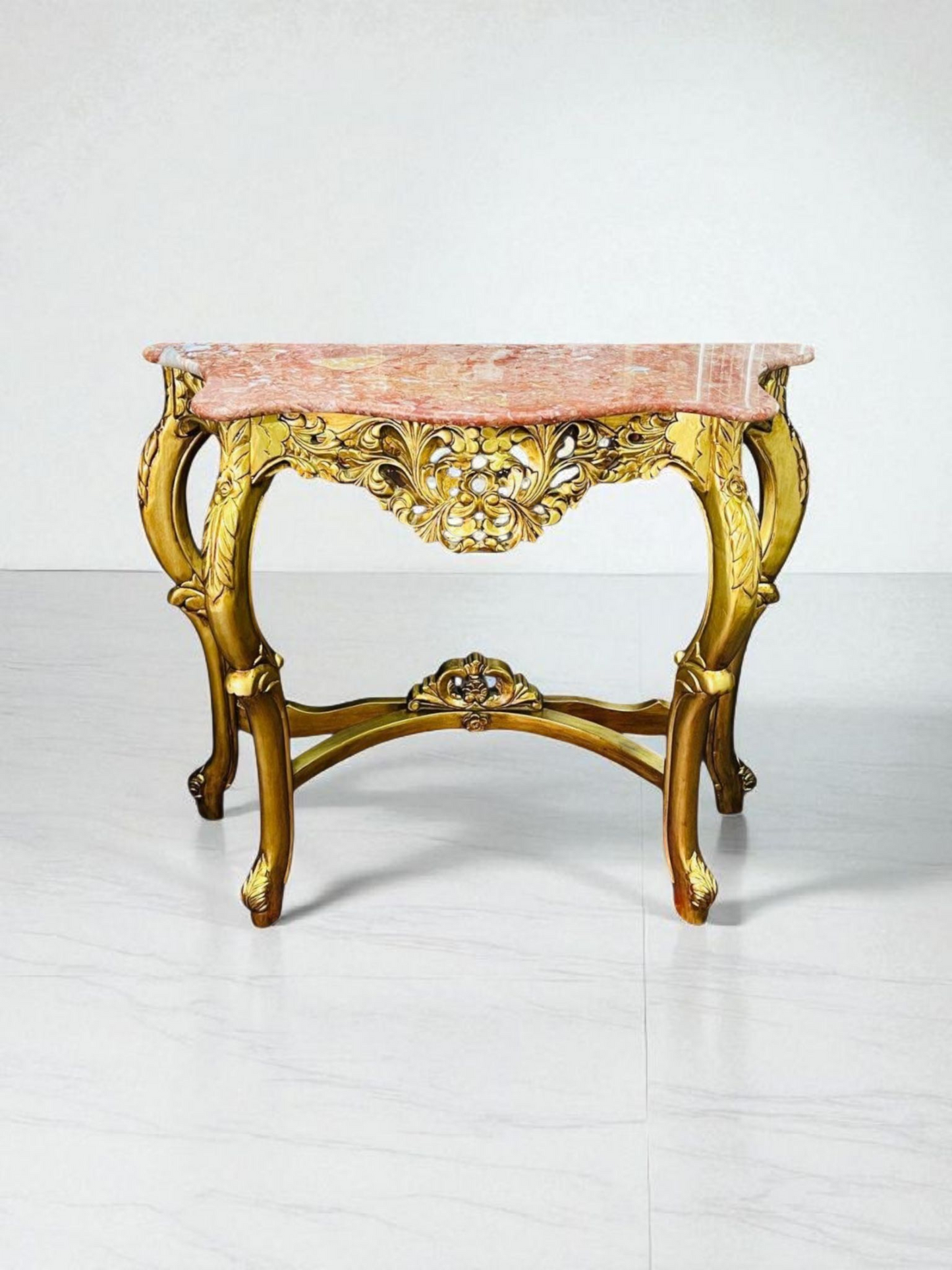 🌿✨ Mesita de mármol rosado – Estructura de madera color oro antiguo ✨🌿
