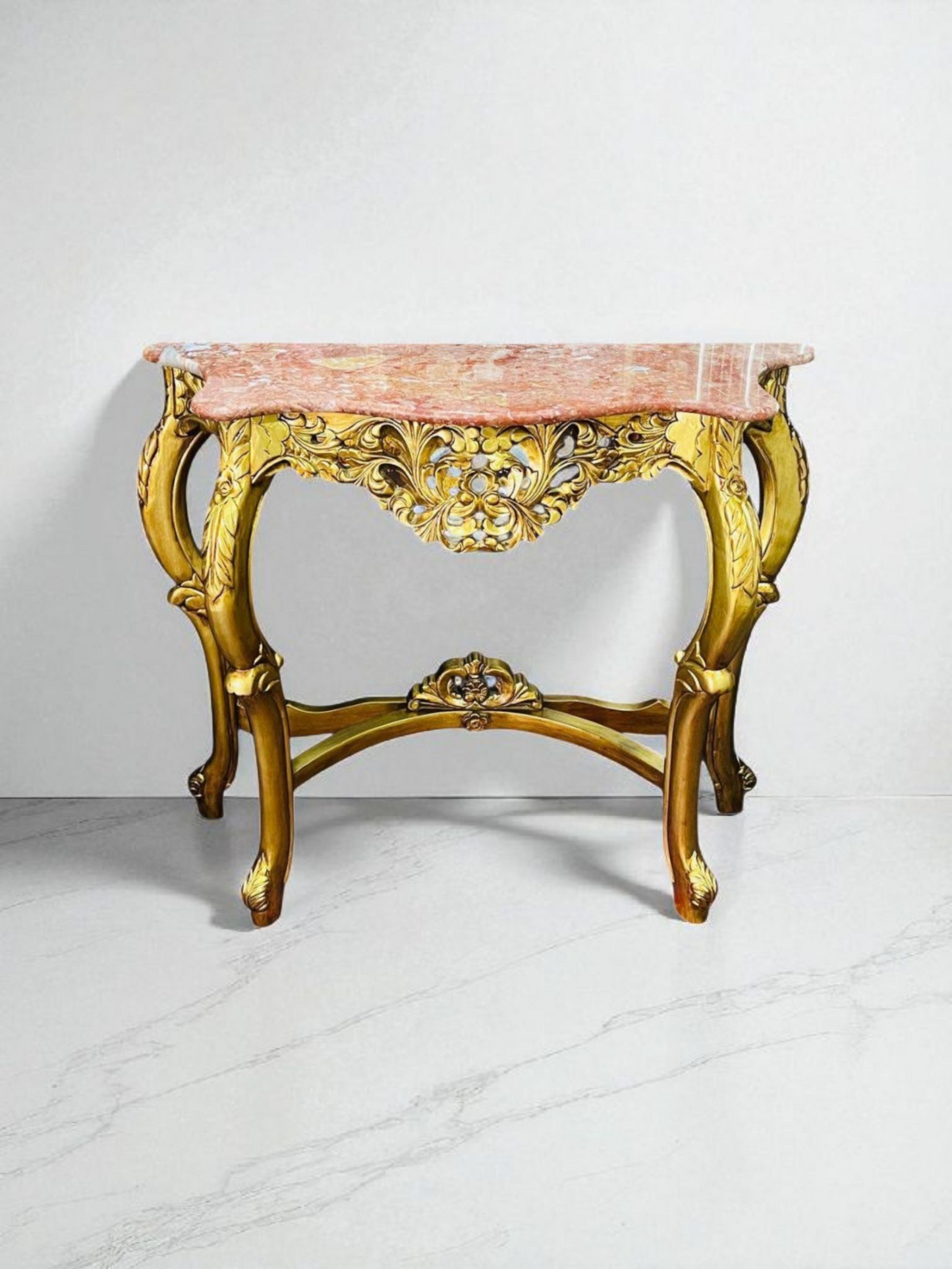 🌿✨ Mesita de mármol rosado – Estructura de madera color oro antiguo ✨🌿