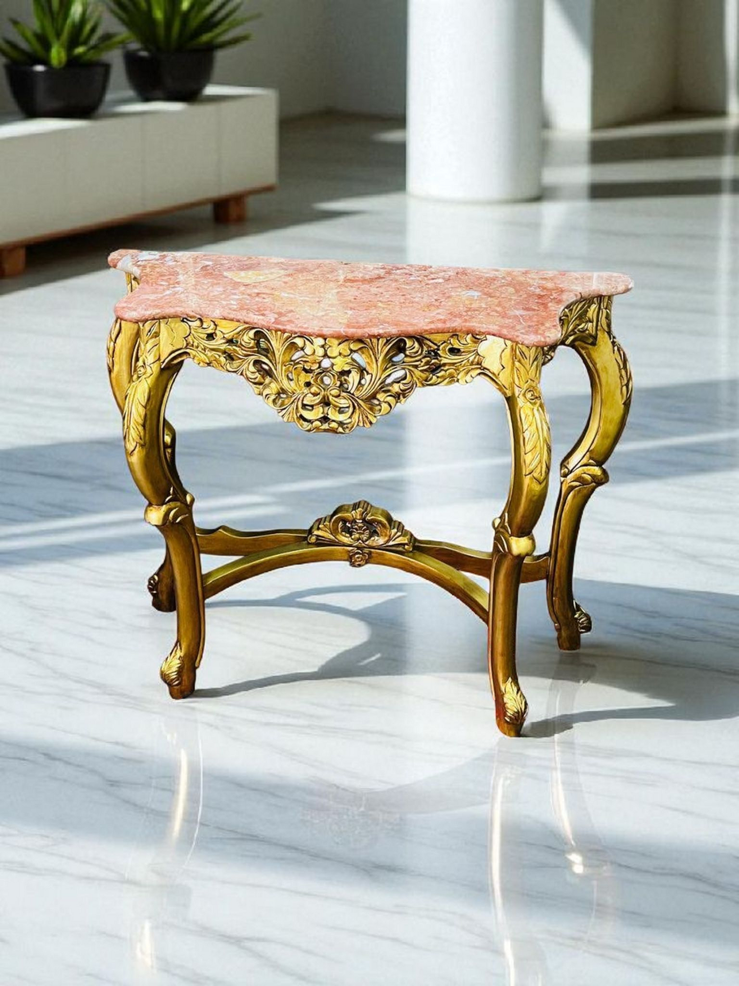 🌿✨ Mesita de mármol rosado – Estructura de madera color oro antiguo ✨🌿