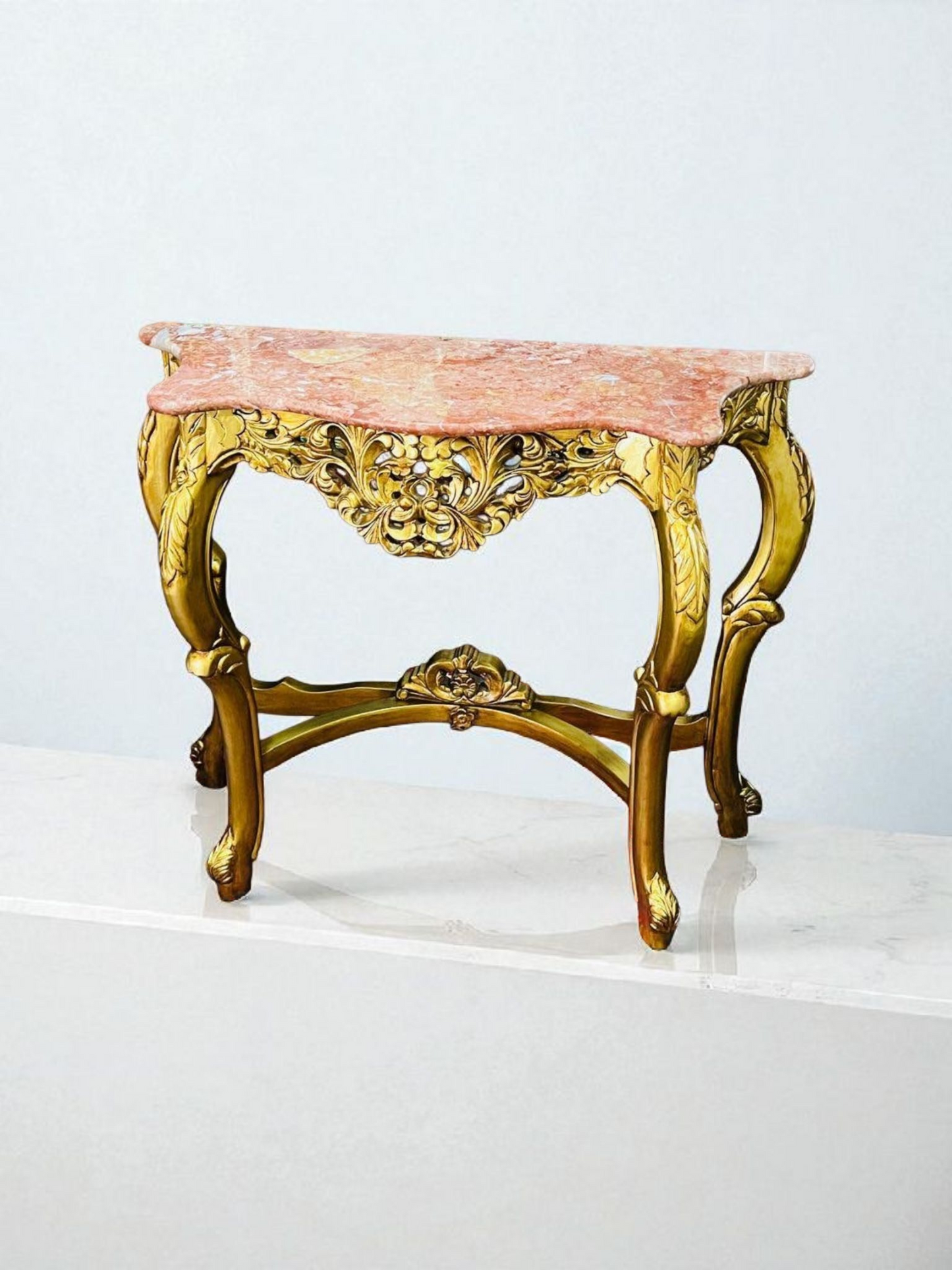 🌿✨ Mesita de mármol rosado – Estructura de madera color oro antiguo ✨🌿