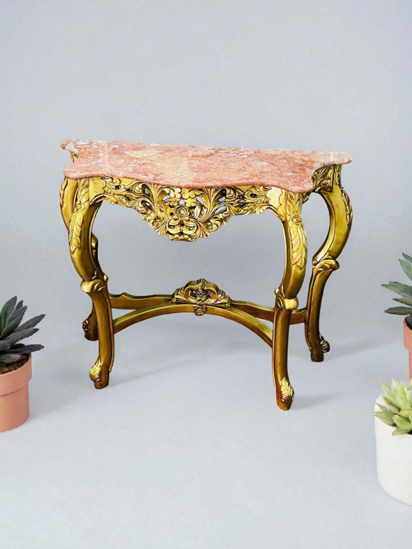 🌿✨ Mesita de mármol rosado – Estructura de madera color oro antiguo ✨🌿