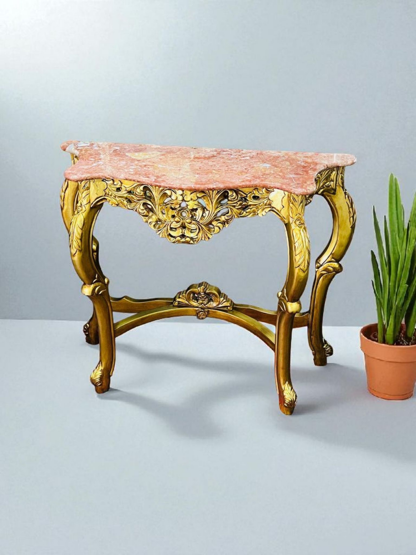🌿✨ Mesita de mármol rosado – Estructura de madera color oro antiguo ✨🌿
