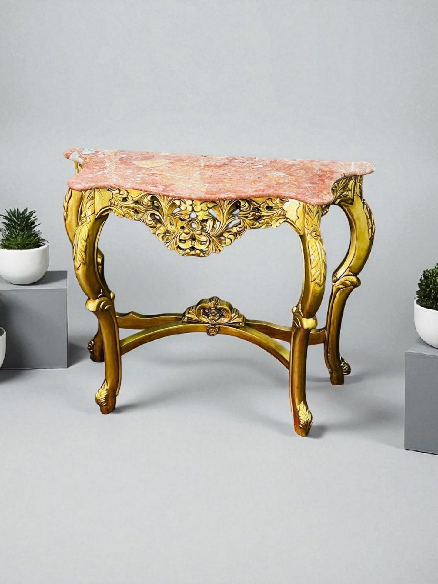🌿✨ Mesita de mármol rosado – Estructura de madera color oro antiguo ✨🌿