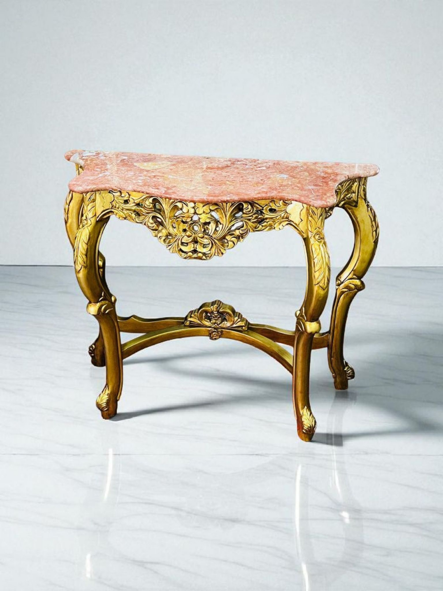 🌿✨ Mesita de mármol rosado – Estructura de madera color oro antiguo ✨🌿