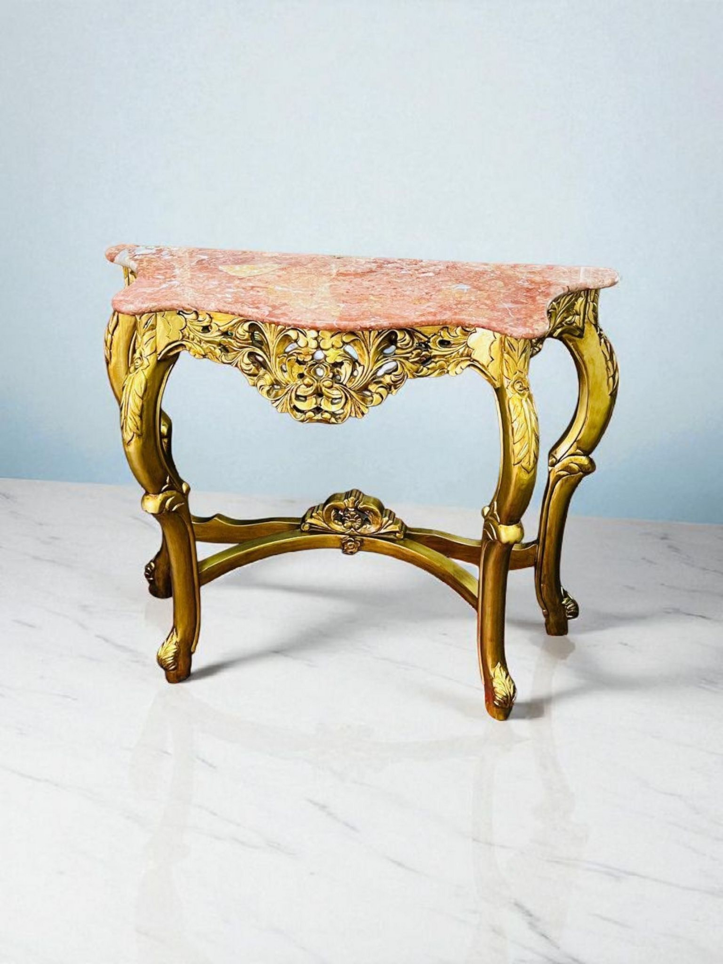 🌿✨ Mesita de mármol rosado – Estructura de madera color oro antiguo ✨🌿