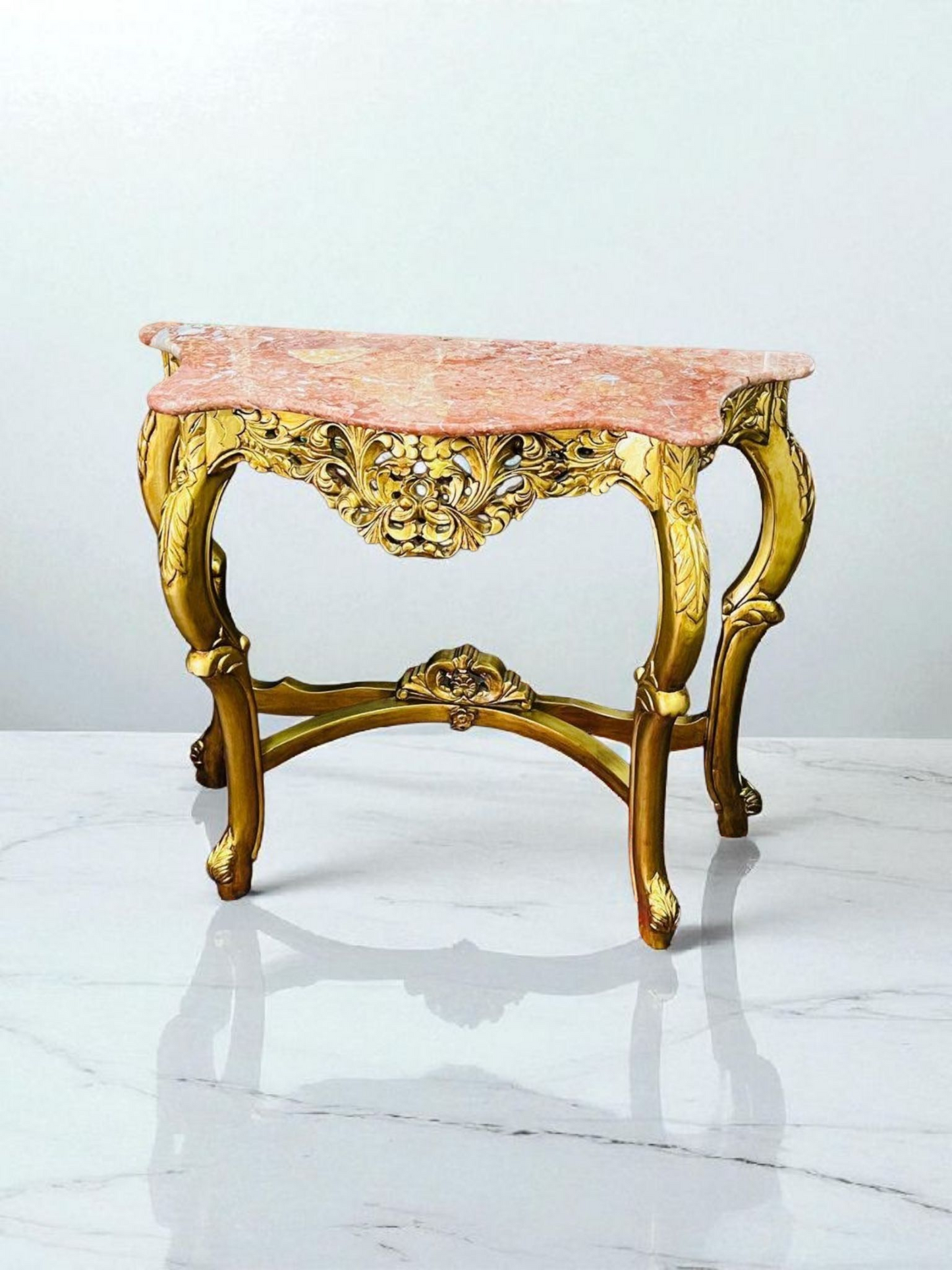 🌿✨ Mesita de mármol rosado – Estructura de madera color oro antiguo ✨🌿