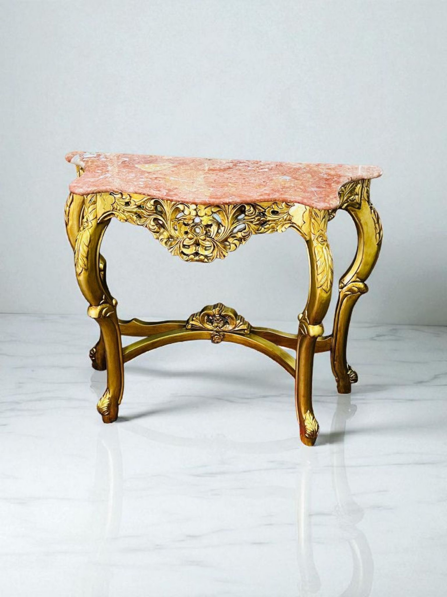 🌿✨ Mesita de mármol rosado – Estructura de madera color oro antiguo ✨🌿