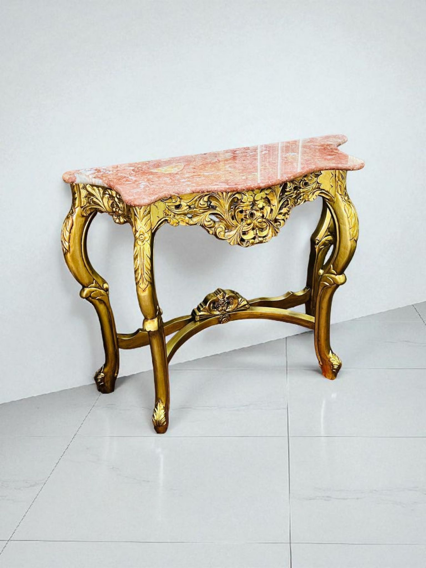 🌿✨ Mesita de mármol rosado – Estructura de madera color oro antiguo ✨🌿