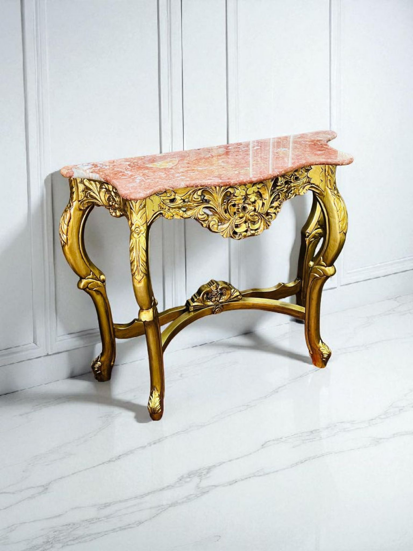 🌿✨ Mesita de mármol rosado – Estructura de madera color oro antiguo ✨🌿