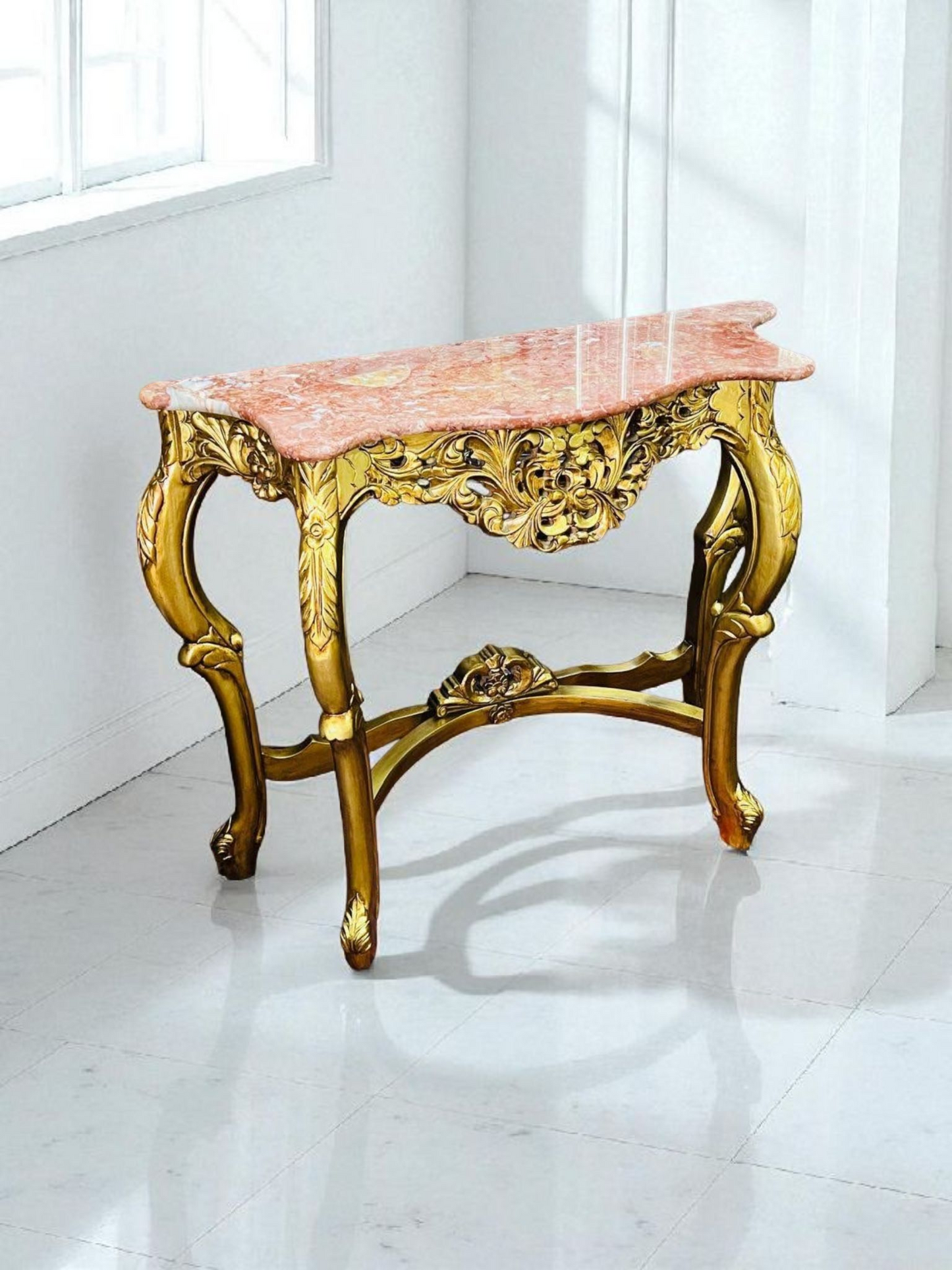 🌿✨ Mesita de mármol rosado – Estructura de madera color oro antiguo ✨🌿