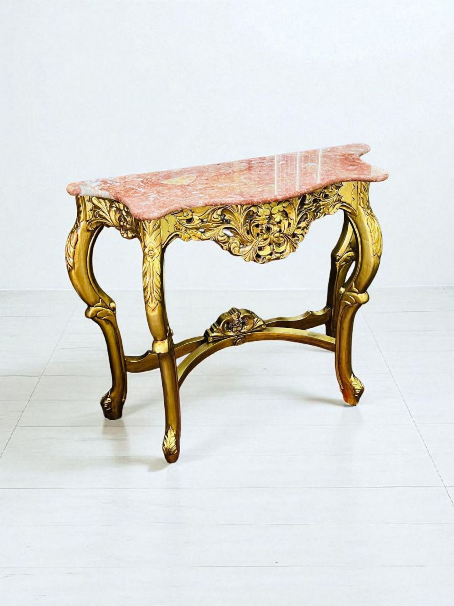 🌿✨ Mesita de mármol rosado – Estructura de madera color oro antiguo ✨🌿