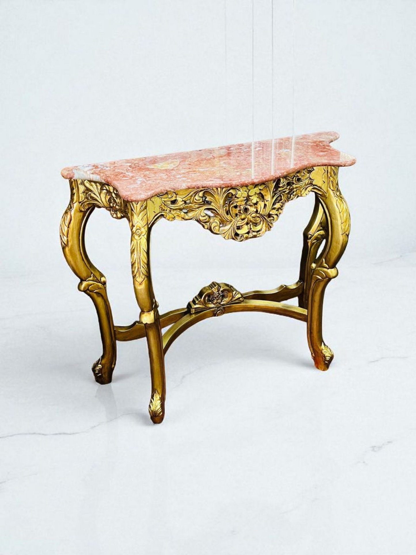 🌿✨ Mesita de mármol rosado – Estructura de madera color oro antiguo ✨🌿