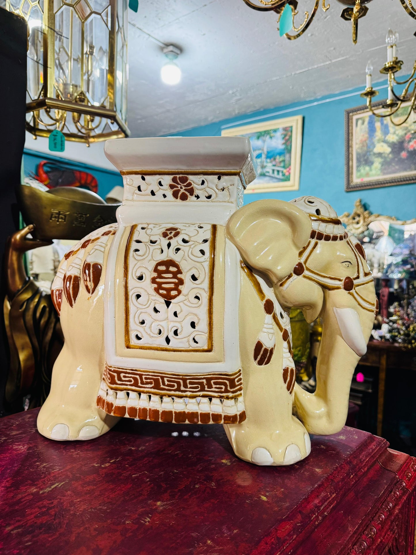 💚🐘💚🖼️ 🐘 Vintage Ceramic Elephant Stool – Asian Elegance with a Handcrafted Spirit 💚🐘💚