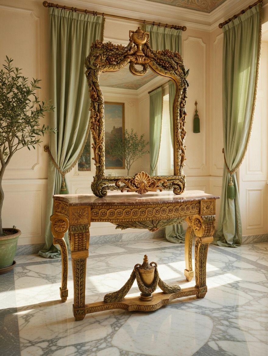 🏛️🌿 Consola Antigua con Espejo Tallado a Mano – Obra Ceremonial de Distinción 🪞🪙