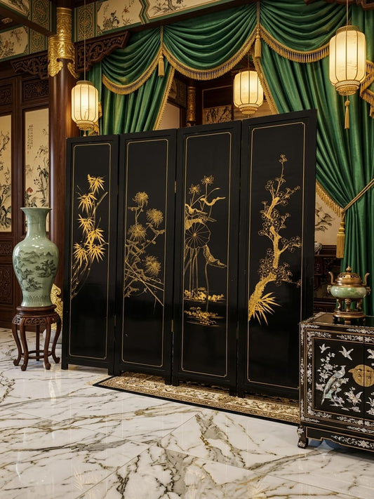 4-Panel Oriental Splendor Ceremonial Screen in Lacquer and Gold ๐ฟ๐ธ๐ฟ