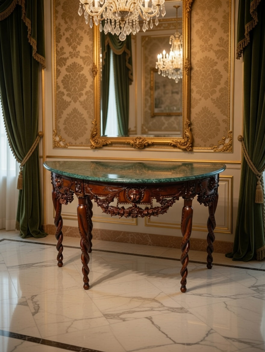 🏛️ Credenza Antigua de 1920 Tallada a Mano con Marmol Verde 🌿🦁🪨