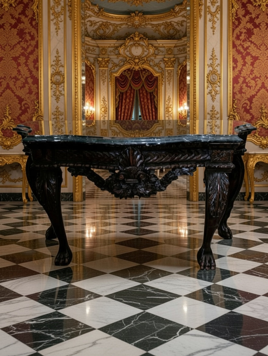 🖤 Credenza Tallada en Madera con Cubierta de Acabado Negro Distinguido 🪞🏛️✨