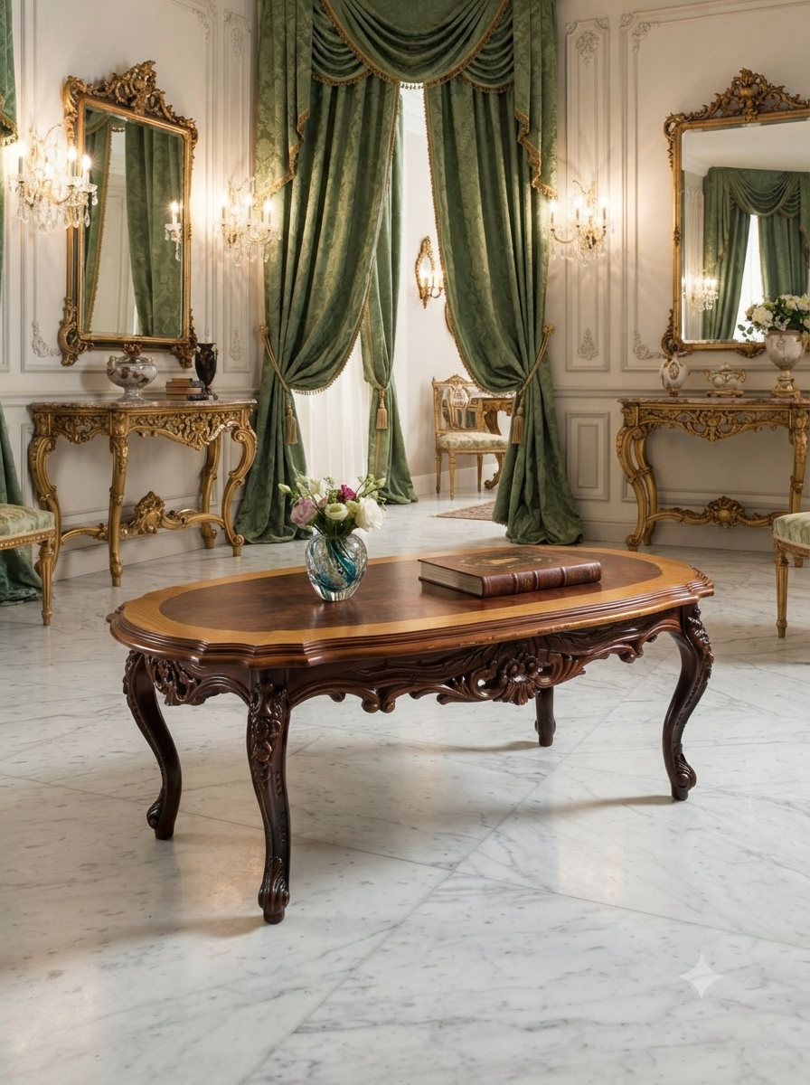Mesa de Centro Tallada en Madera con Cubierta Elegante – Distinción Clásica 🏛️🌿