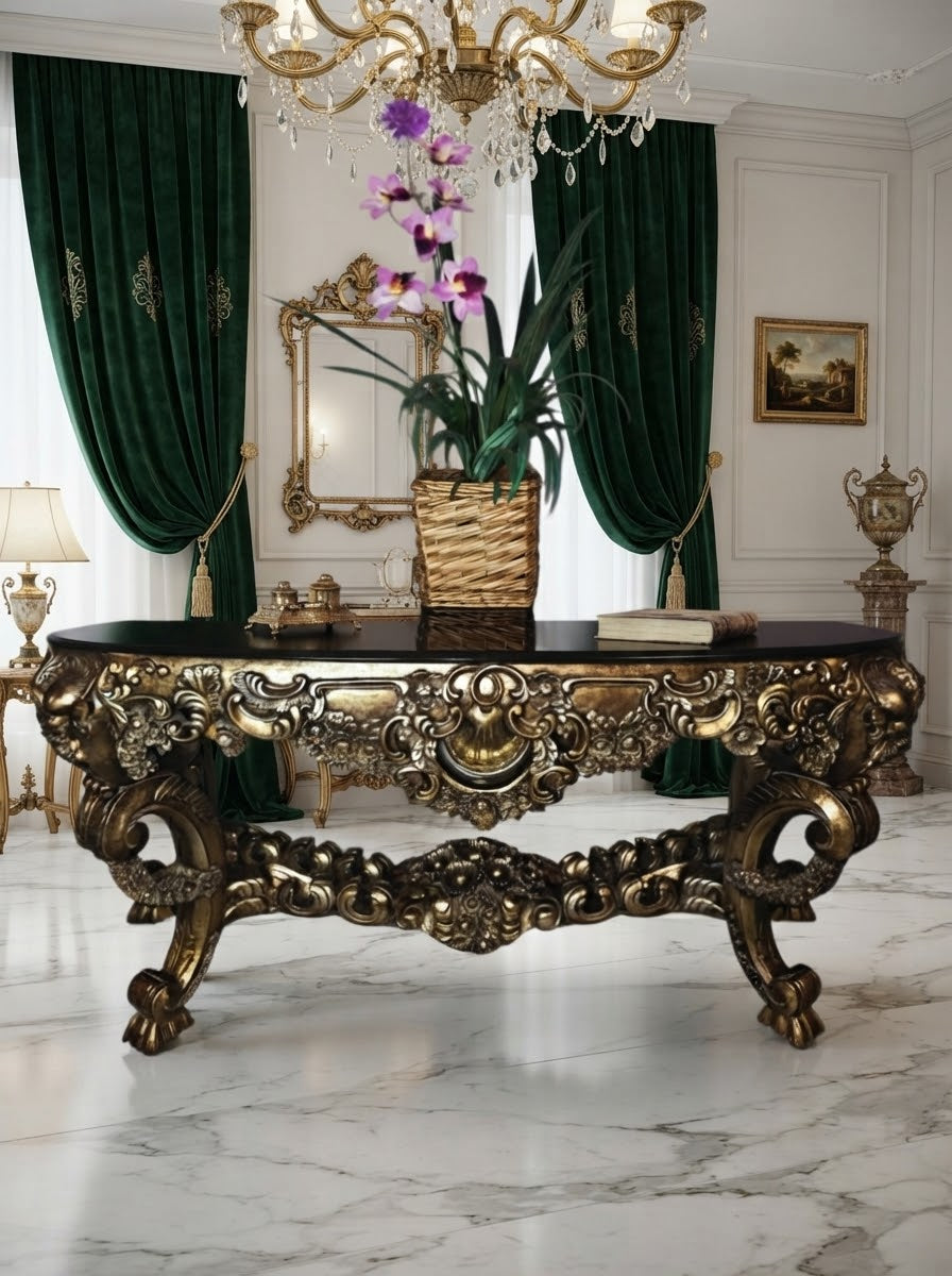 Carved Wooden Credenza with Black Marble Top – Timeless Baroque Elegance 🏛️🌟