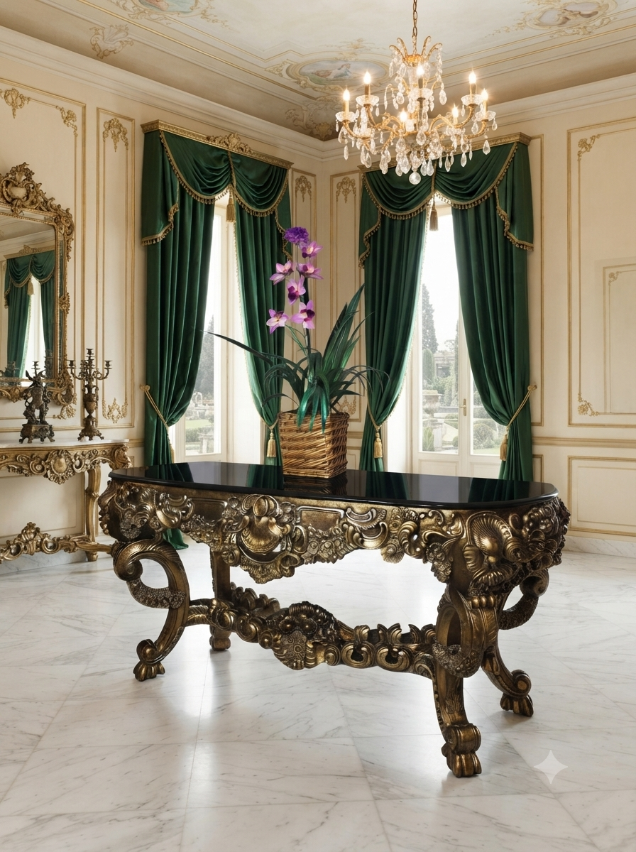 Carved Wooden Credenza with Black Marble Top – Timeless Baroque Elegance 🏛️🌟