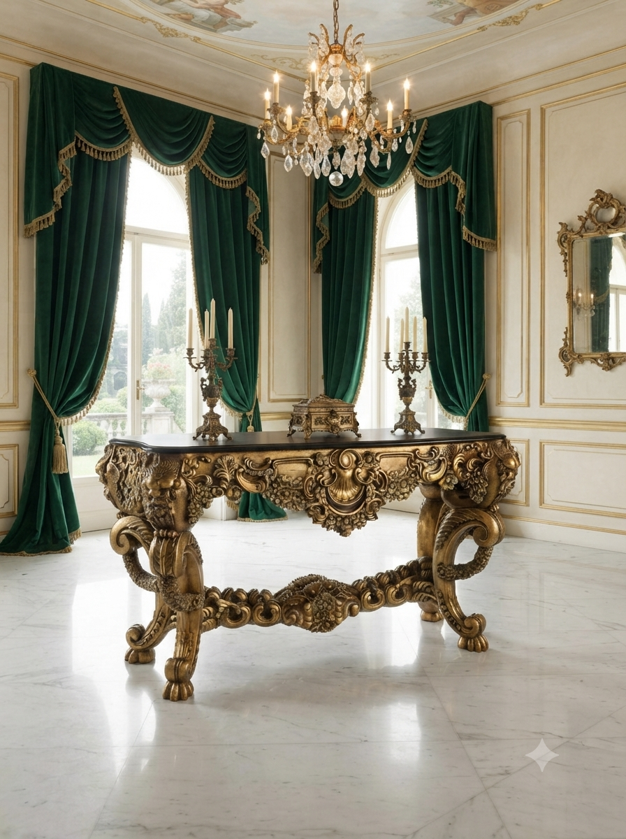 Carved Wooden Credenza with Black Marble Top – Timeless Baroque Elegance 🏛️🌟