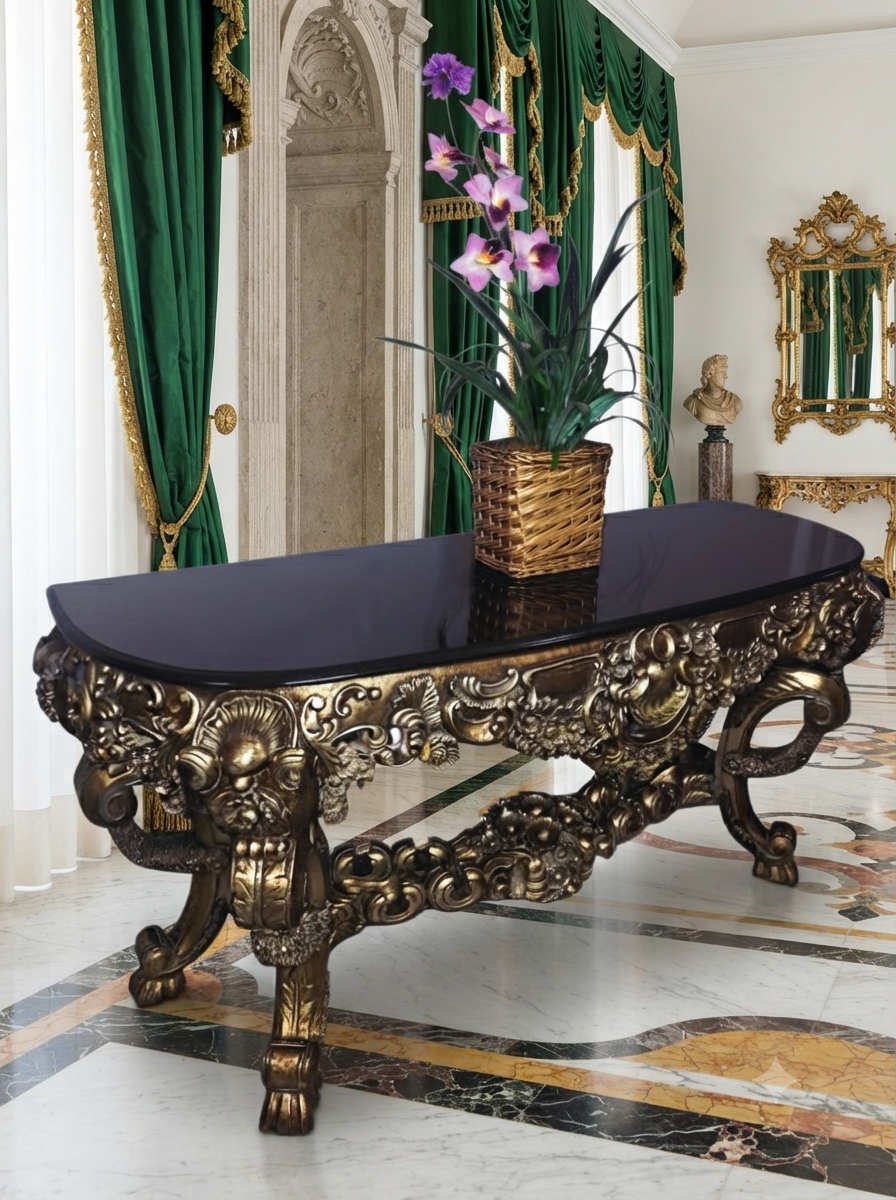 Carved Wooden Credenza with Black Marble Top – Timeless Baroque Elegance 🏛️🌟