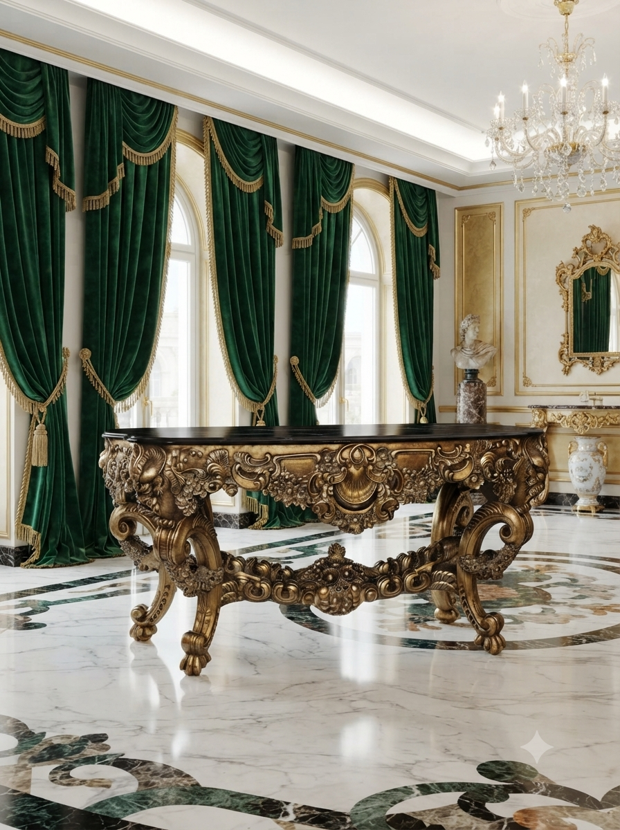 Carved Wooden Credenza with Black Marble Top – Timeless Baroque Elegance 🏛️🌟