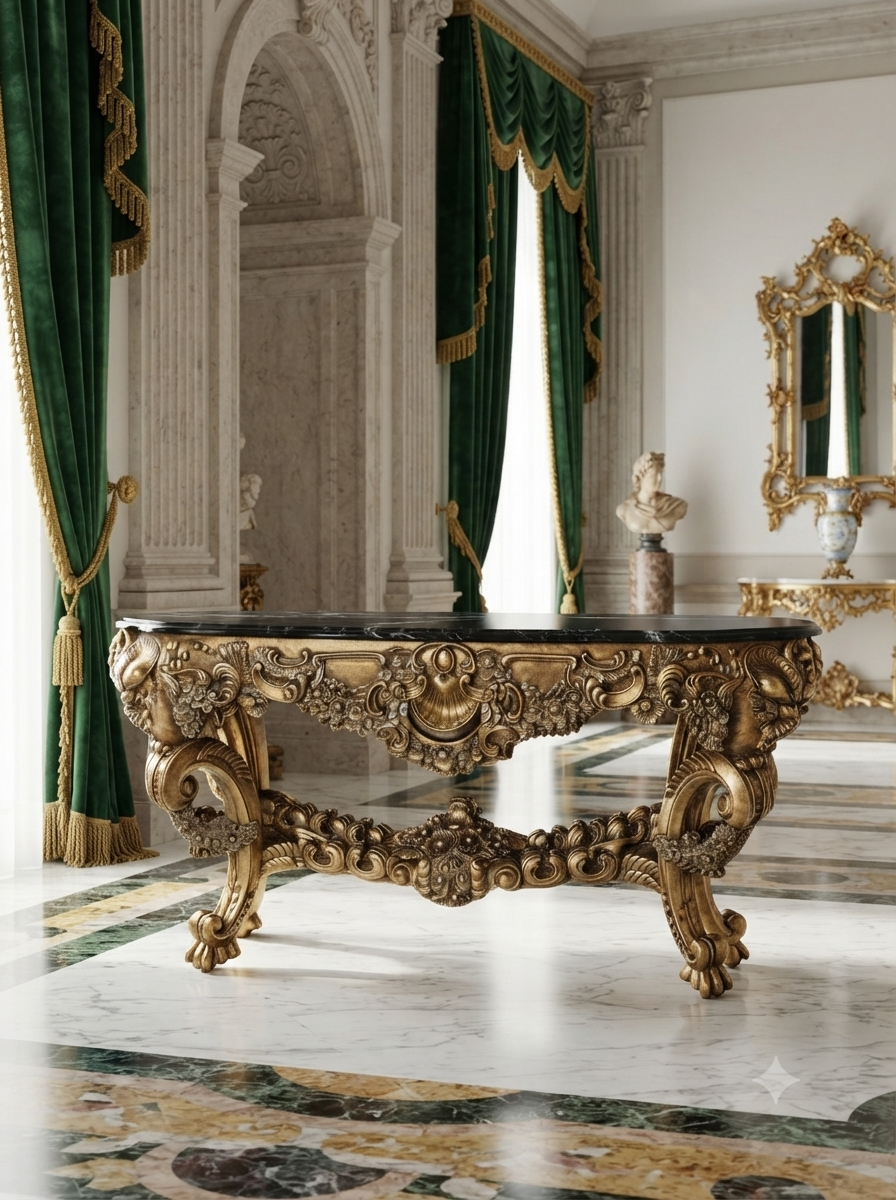 Carved Wooden Credenza with Black Marble Top – Timeless Baroque Elegance 🏛️🌟
