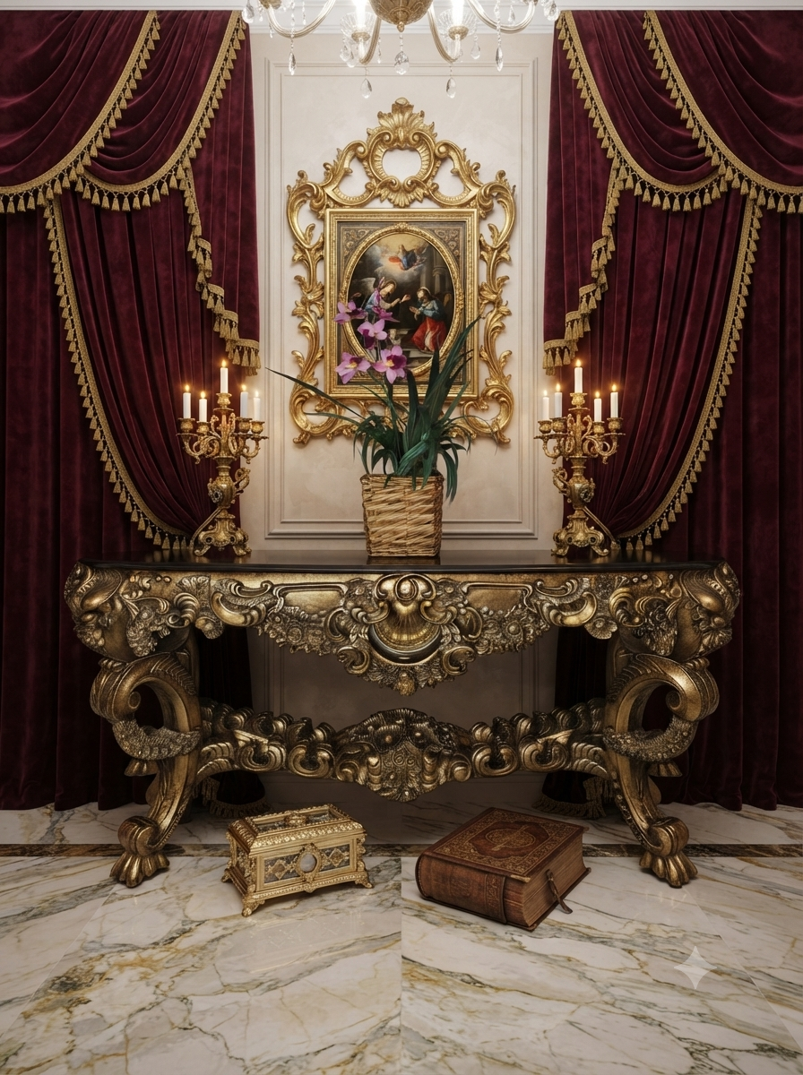 Carved Wooden Credenza with Black Marble Top – Timeless Baroque Elegance 🏛️🌟