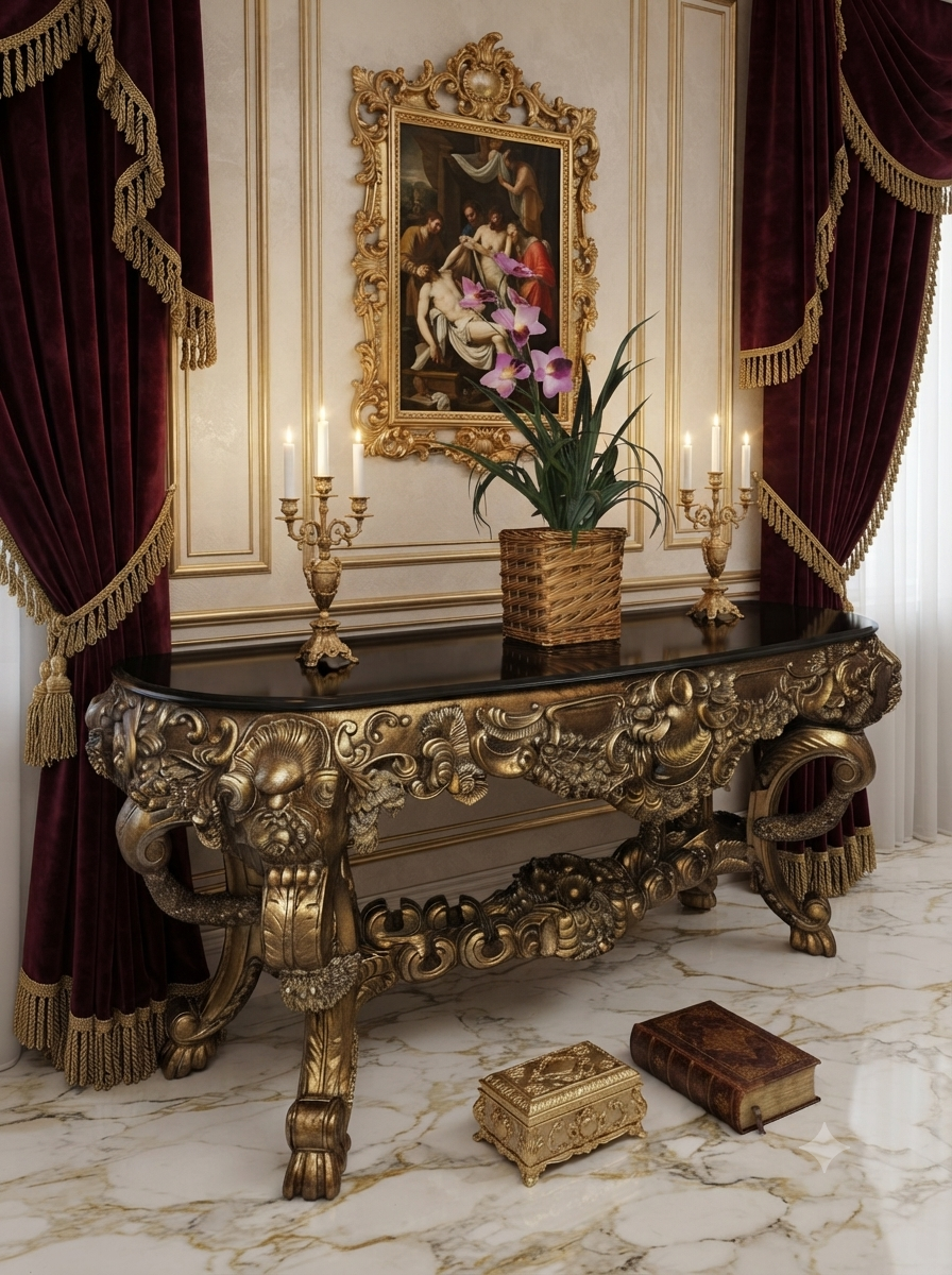 Carved Wooden Credenza with Black Marble Top – Timeless Baroque Elegance 🏛️🌟