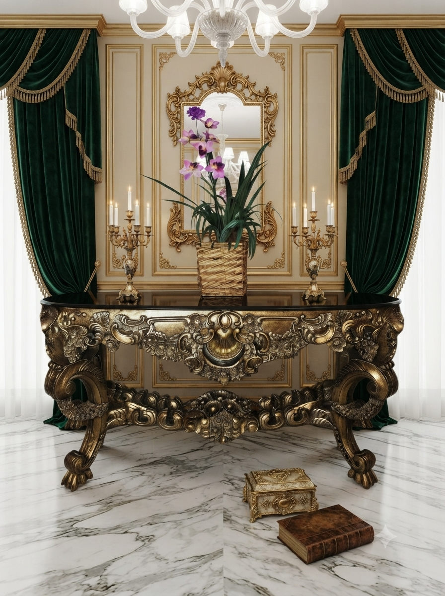 Carved Wooden Credenza with Black Marble Top – Timeless Baroque Elegance 🏛️🌟
