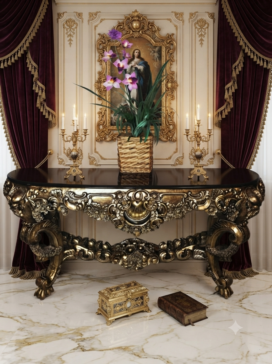 Carved Wooden Credenza with Black Marble Top – Timeless Baroque Elegance 🏛️🌟