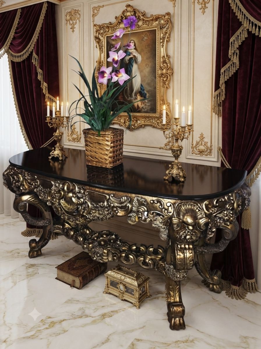 Carved Wooden Credenza with Black Marble Top – Timeless Baroque Elegance 🏛️🌟