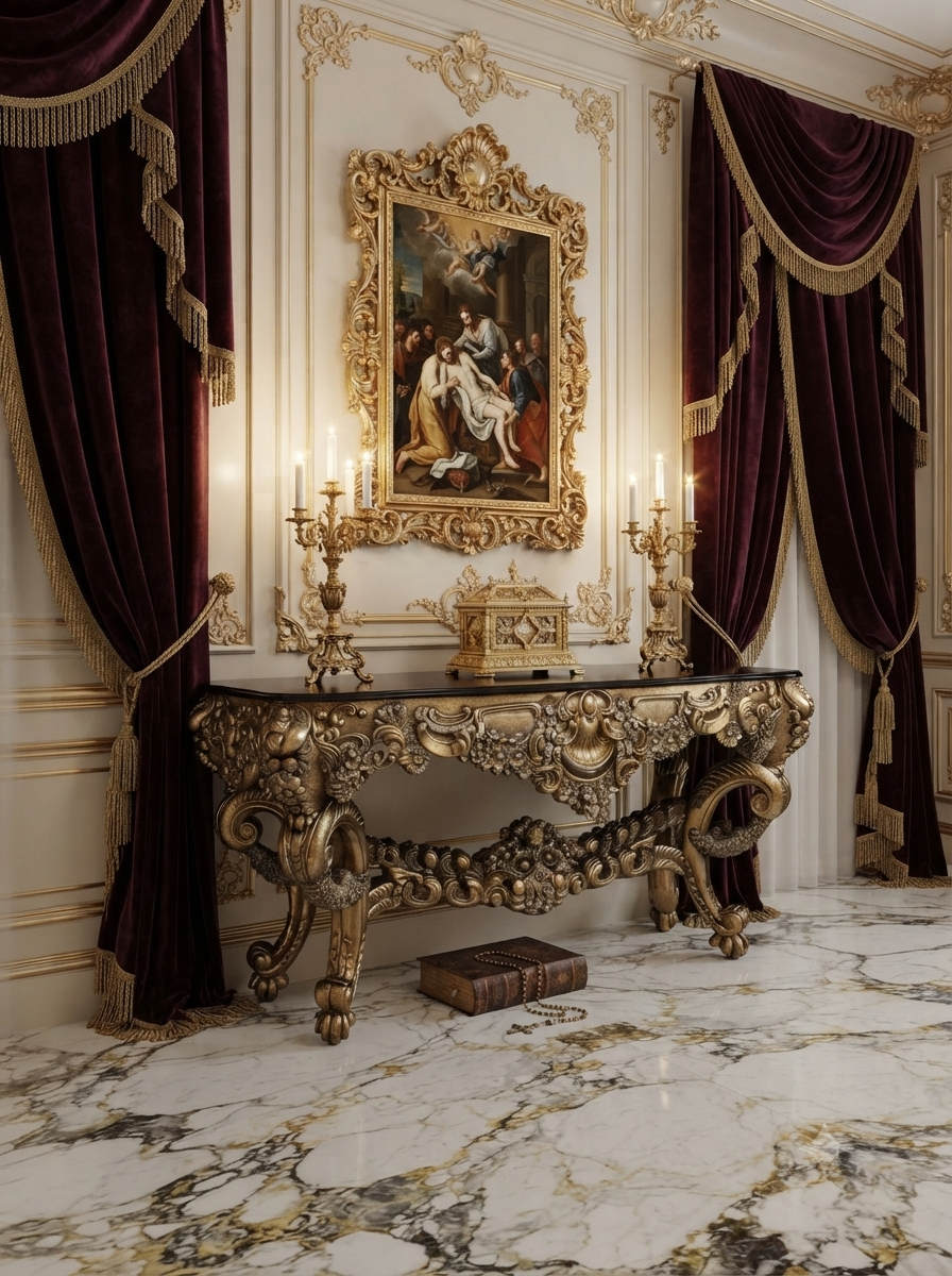 Carved Wooden Credenza with Black Marble Top – Timeless Baroque Elegance 🏛️🌟