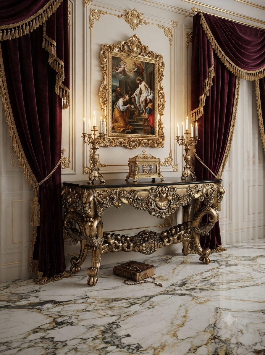 Carved Wooden Credenza with Black Marble Top – Timeless Baroque Elegance 🏛️🌟