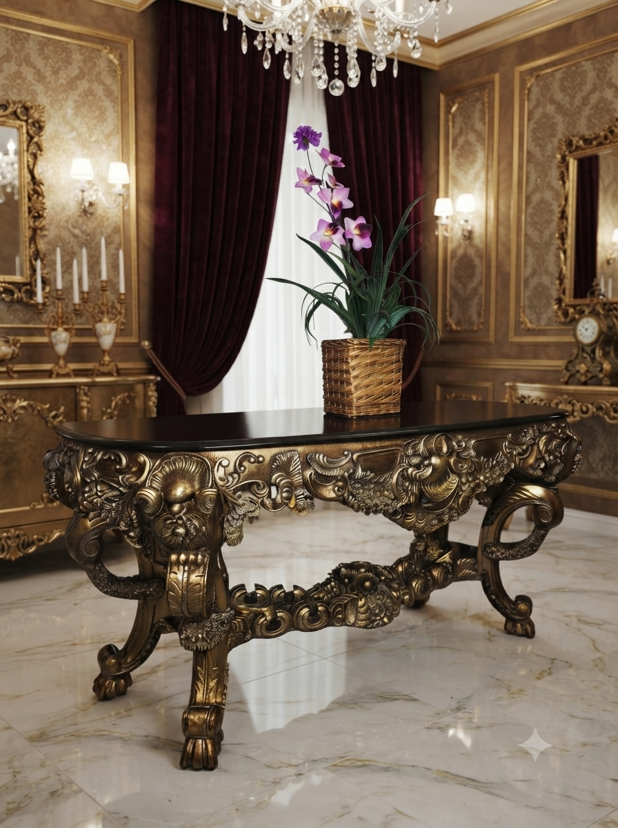 Carved Wooden Credenza with Black Marble Top – Timeless Baroque Elegance 🏛️🌟
